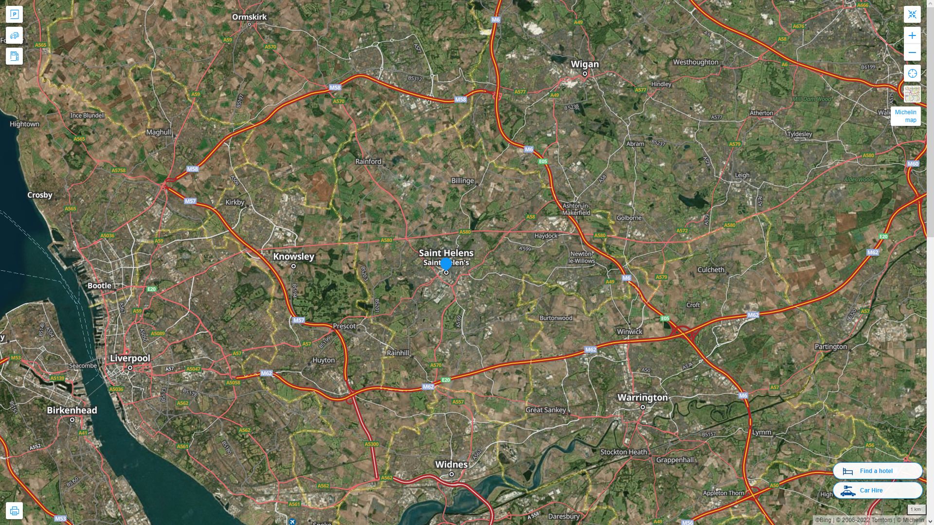 St Helens Royaume Uni Autoroute et carte routiere avec vue satellite